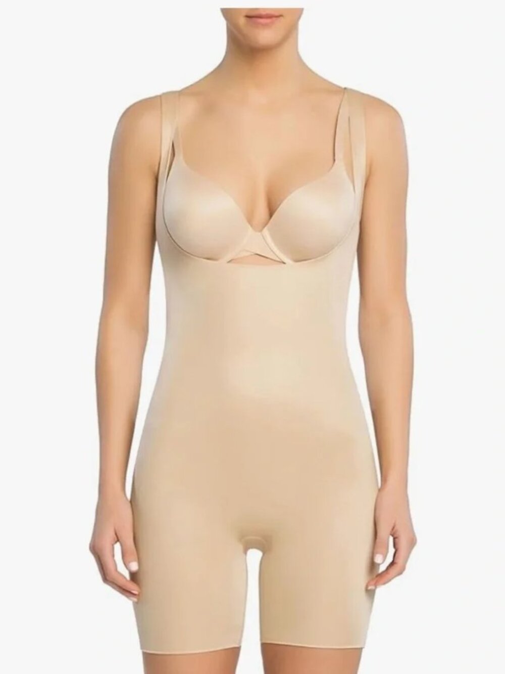 EUC SPANX Power Conceal-Her Open-Bust Mid-Thigh Bodysuit SMALL PETITE